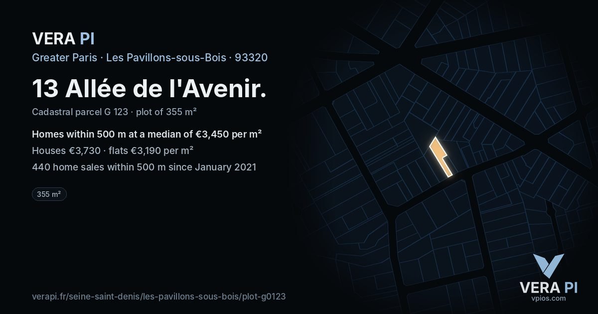 13 Allée de l'Avenir, Les Pavillons-sous-Bois at night – the plot lit, the parcels around coloured by the prices near them