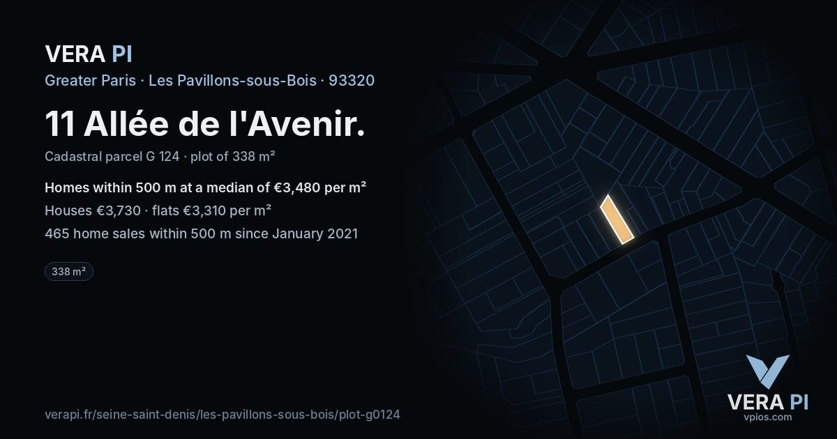 11 Allée de l'Avenir, Les Pavillons-sous-Bois at night – the plot lit, the parcels around coloured by the prices near them