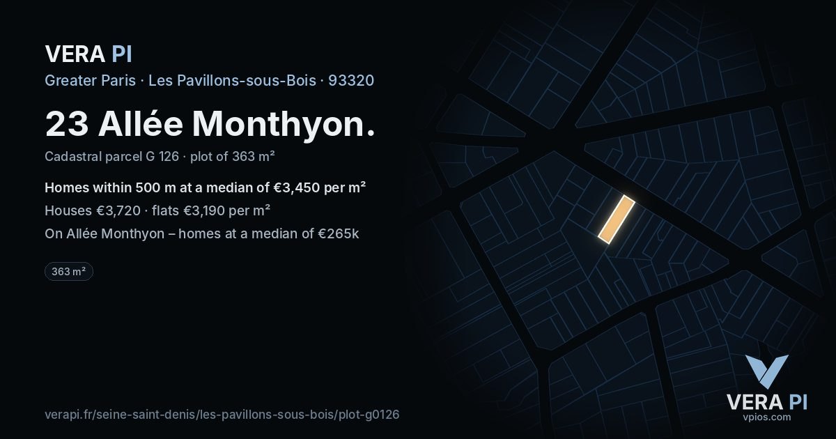 23 Allée Monthyon, Les Pavillons-sous-Bois at night – the plot lit, the parcels around coloured by the prices near them