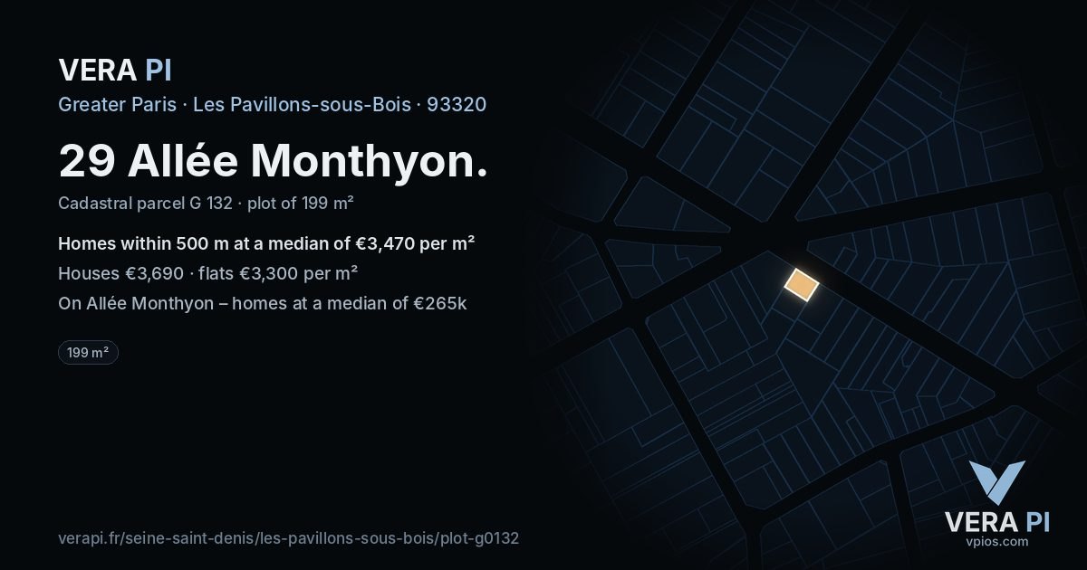 29 Allée Monthyon, Les Pavillons-sous-Bois at night – the plot lit, the parcels around coloured by the prices near them