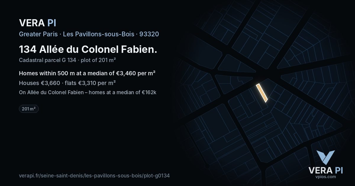 134 Allée du Colonel Fabien, Les Pavillons-sous-Bois at night – the plot lit, the parcels around coloured by the prices near them