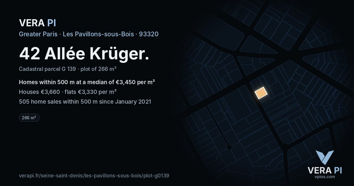 42 Allée Krüger, Les Pavillons-sous-Bois at night – the plot lit, the parcels around coloured by the prices near them