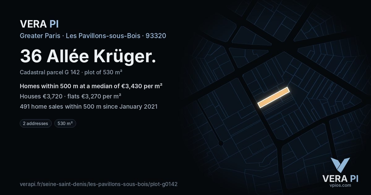 36 Allée Krüger, Les Pavillons-sous-Bois at night – the plot lit, the parcels around coloured by the prices near them