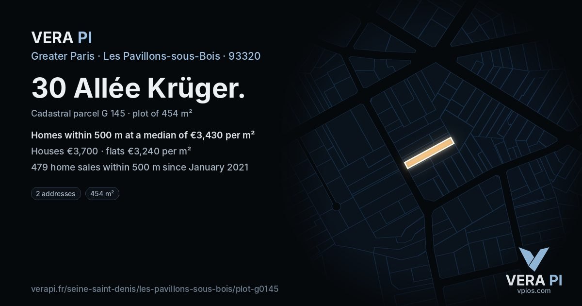 30 Allée Krüger, Les Pavillons-sous-Bois at night – the plot lit, the parcels around coloured by the prices near them
