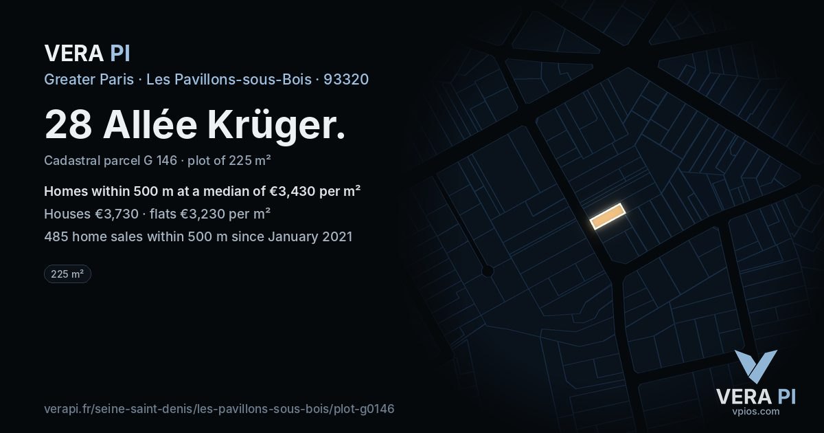 28 Allée Krüger, Les Pavillons-sous-Bois at night – the plot lit, the parcels around coloured by the prices near them
