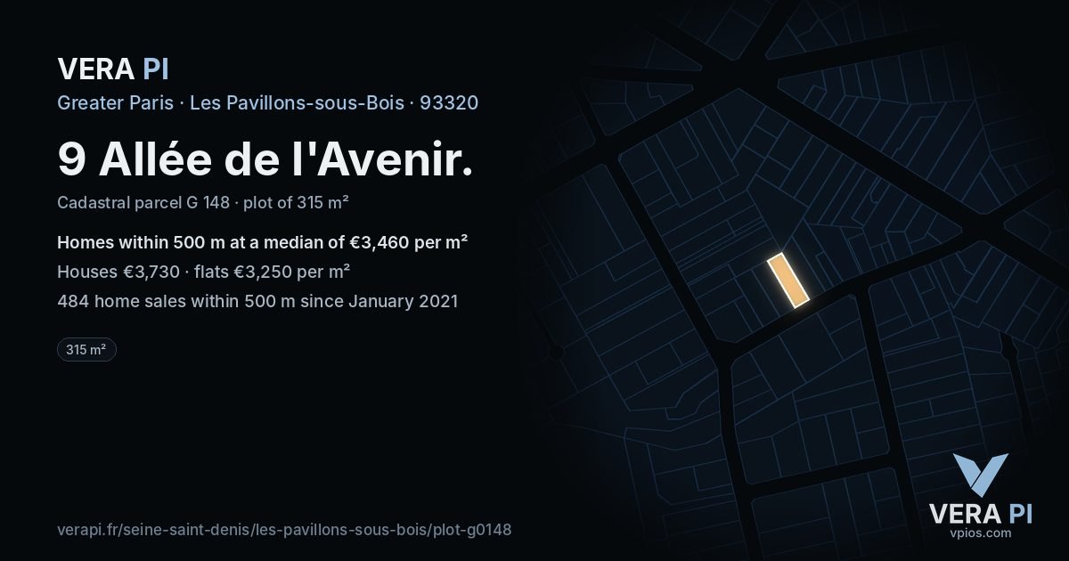 9 Allée de l'Avenir, Les Pavillons-sous-Bois at night – the plot lit, the parcels around coloured by the prices near them