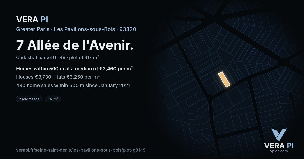 7 Allée de l'Avenir, Les Pavillons-sous-Bois at night – the plot lit, the parcels around coloured by the prices near them