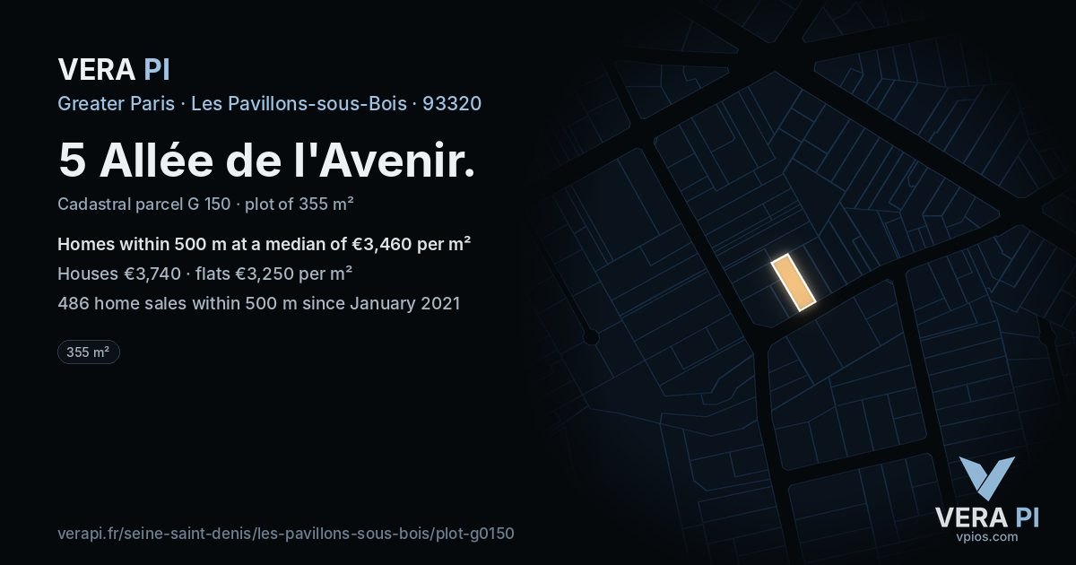 5 Allée de l'Avenir, Les Pavillons-sous-Bois at night – the plot lit, the parcels around coloured by the prices near them
