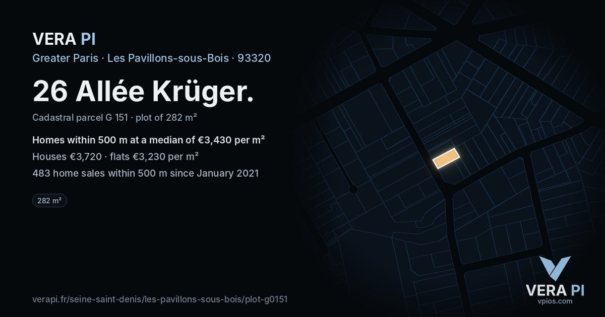 26 Allée Krüger, Les Pavillons-sous-Bois at night – the plot lit, the parcels around coloured by the prices near them