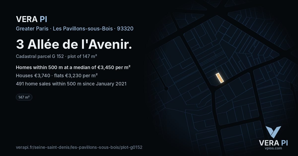 3 Allée de l'Avenir, Les Pavillons-sous-Bois at night – the plot lit, the parcels around coloured by the prices near them