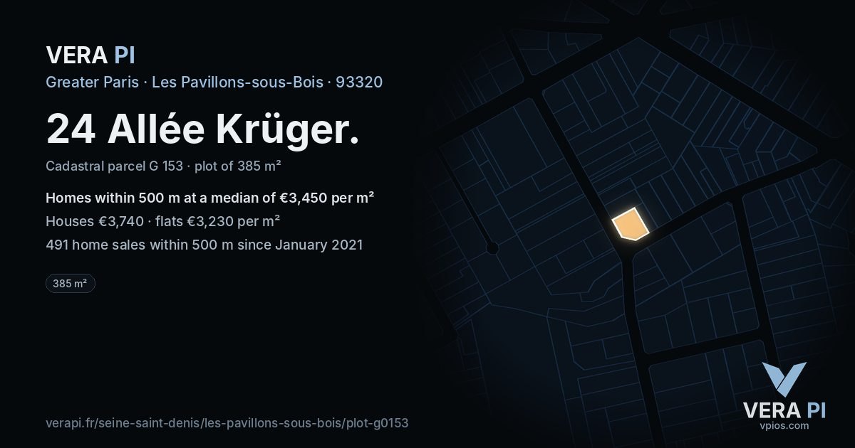24 Allée Krüger, Les Pavillons-sous-Bois at night – the plot lit, the parcels around coloured by the prices near them