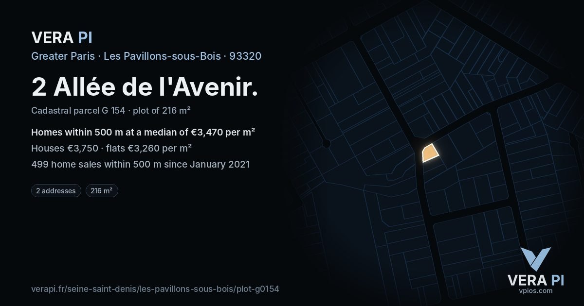 2 Allée de l'Avenir, Les Pavillons-sous-Bois at night – the plot lit, the parcels around coloured by the prices near them