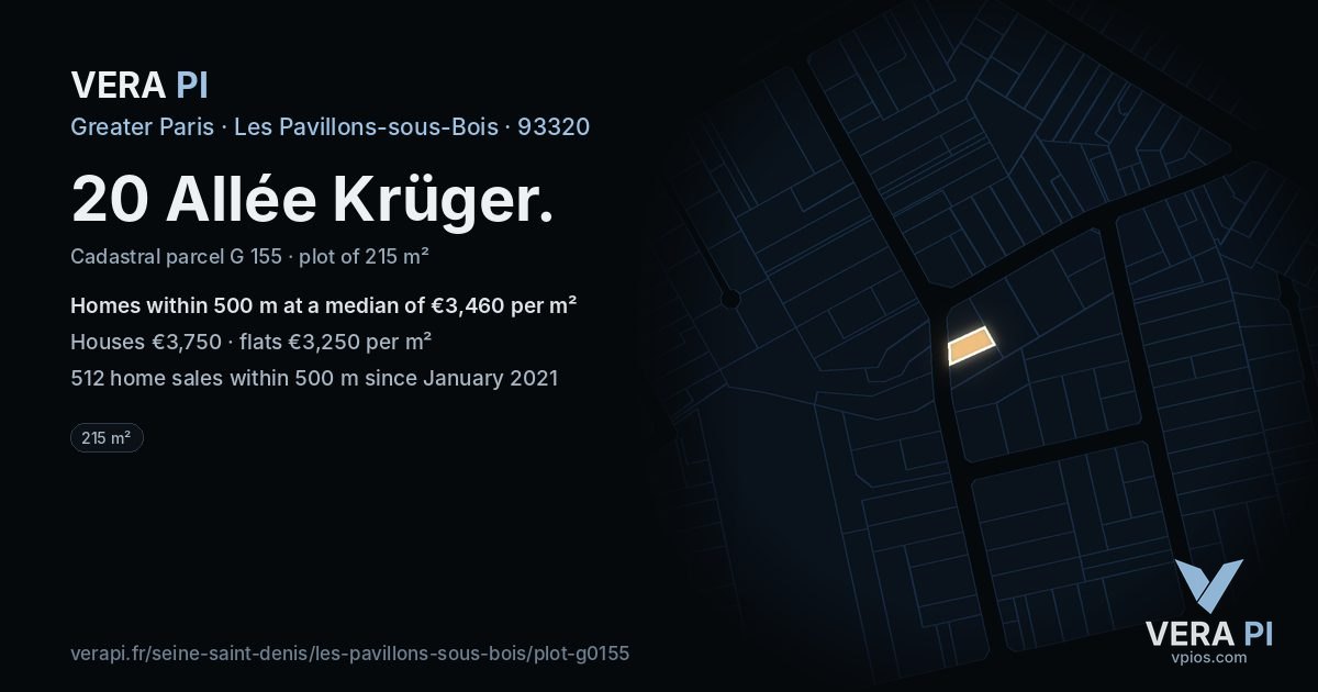 20 Allée Krüger, Les Pavillons-sous-Bois at night – the plot lit, the parcels around coloured by the prices near them