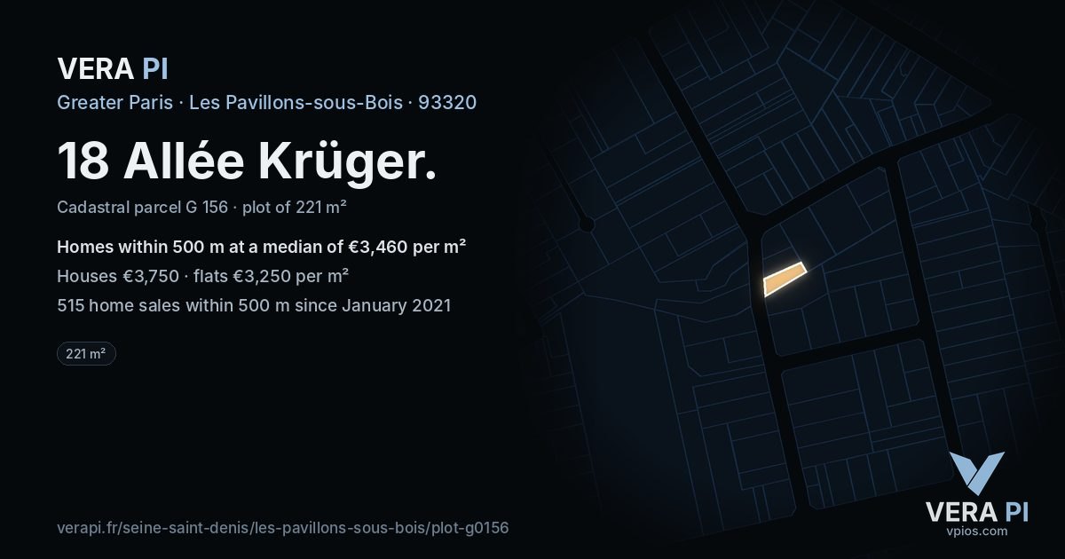 18 Allée Krüger, Les Pavillons-sous-Bois at night – the plot lit, the parcels around coloured by the prices near them