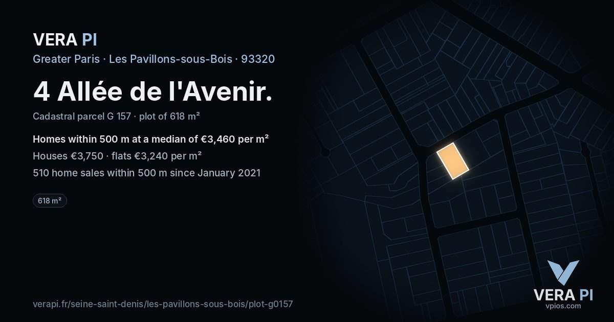 4 Allée de l'Avenir, Les Pavillons-sous-Bois at night – the plot lit, the parcels around coloured by the prices near them