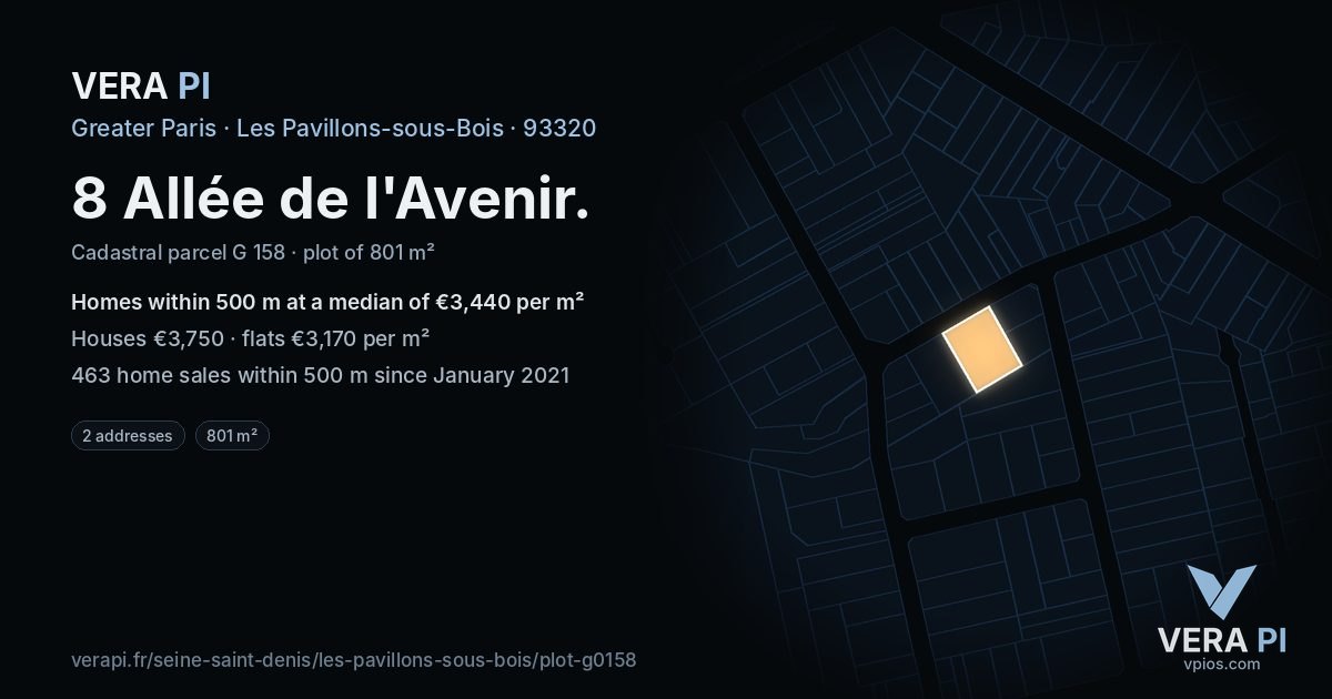 8 Allée de l'Avenir, Les Pavillons-sous-Bois at night – the plot lit, the parcels around coloured by the prices near them