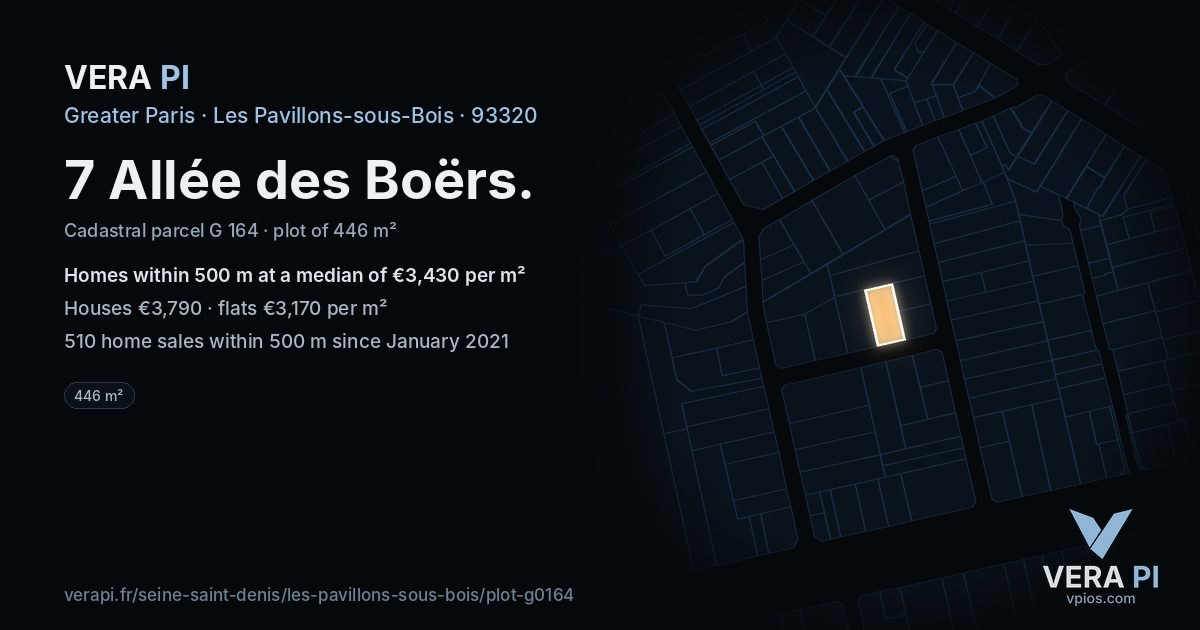 7 Allée des Boërs, Les Pavillons-sous-Bois at night – the plot lit, the parcels around coloured by the prices near them