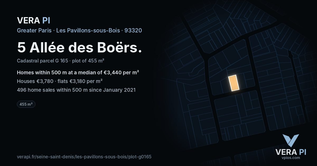 5 Allée des Boërs, Les Pavillons-sous-Bois at night – the plot lit, the parcels around coloured by the prices near them