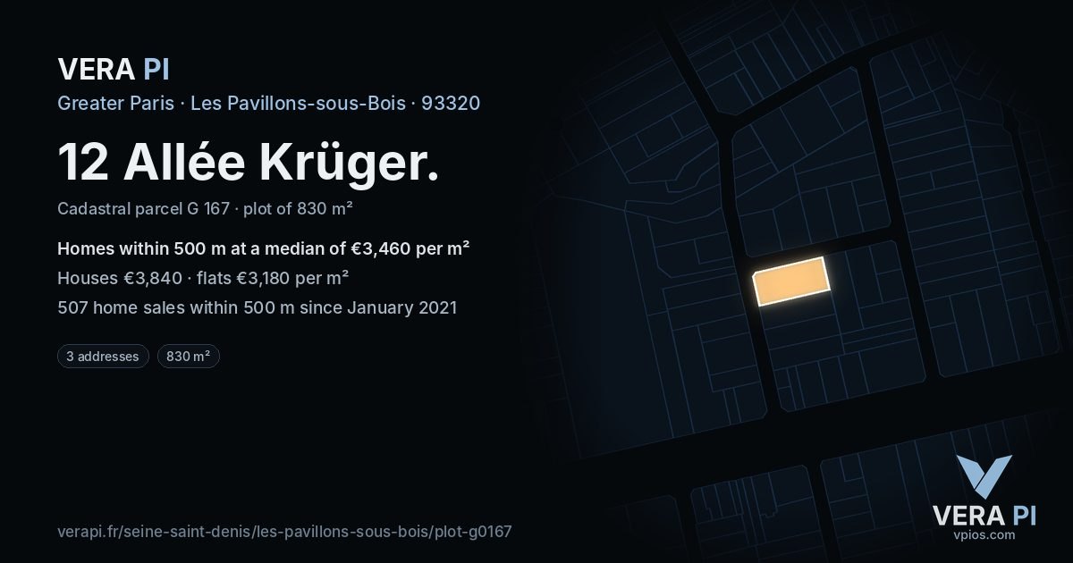 12 Allée Krüger, Les Pavillons-sous-Bois at night – the plot lit, the parcels around coloured by the prices near them