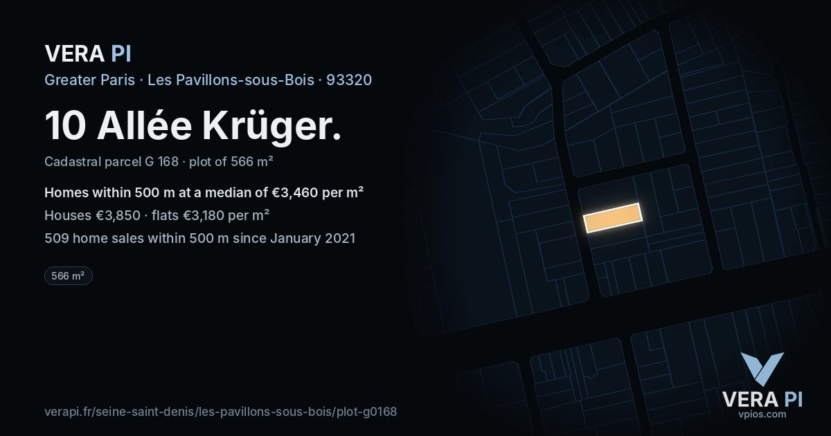 10 Allée Krüger, Les Pavillons-sous-Bois at night – the plot lit, the parcels around coloured by the prices near them