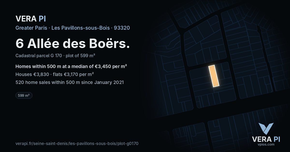 6 Allée des Boërs, Les Pavillons-sous-Bois at night – the plot lit, the parcels around coloured by the prices near them