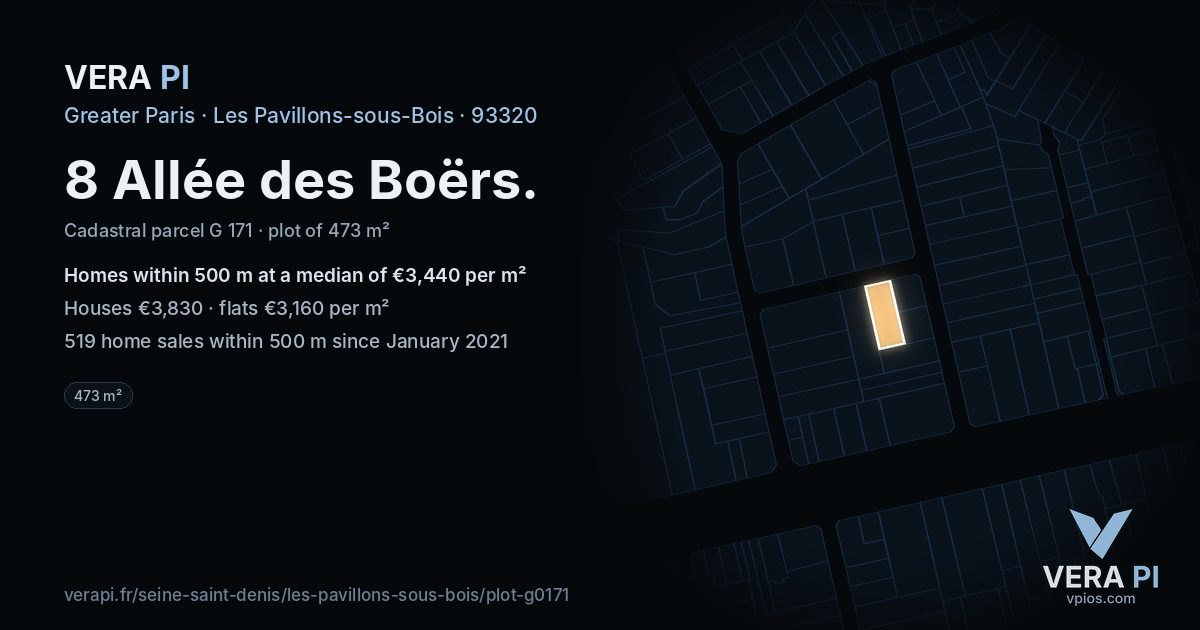 8 Allée des Boërs, Les Pavillons-sous-Bois at night – the plot lit, the parcels around coloured by the prices near them