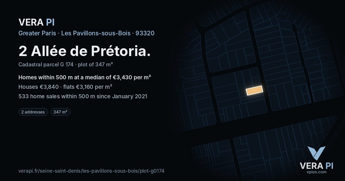 2 Allée de Prétoria, Les Pavillons-sous-Bois at night – the plot lit, the parcels around coloured by the prices near them