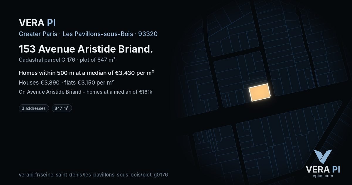 153 Avenue Aristide Briand, Les Pavillons-sous-Bois at night – the plot lit, the parcels around coloured by the prices near them