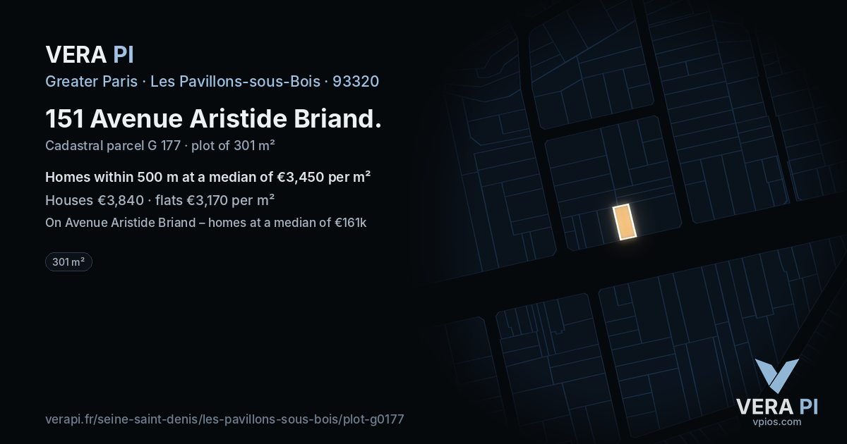 151 Avenue Aristide Briand, Les Pavillons-sous-Bois at night – the plot lit, the parcels around coloured by the prices near them