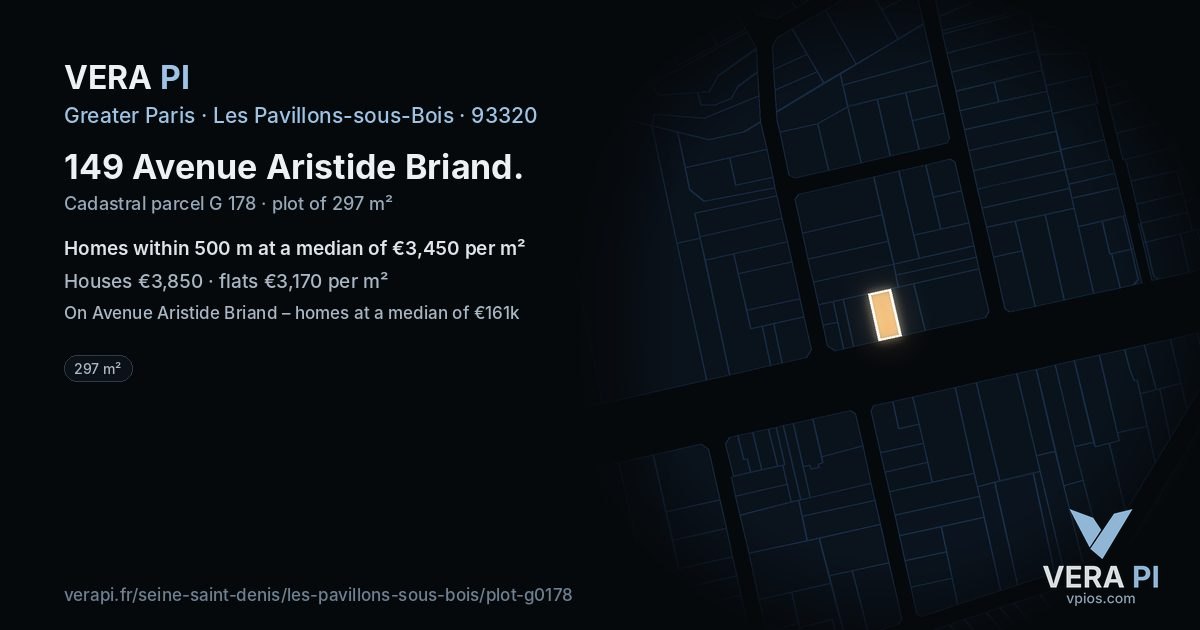 149 Avenue Aristide Briand, Les Pavillons-sous-Bois at night – the plot lit, the parcels around coloured by the prices near them