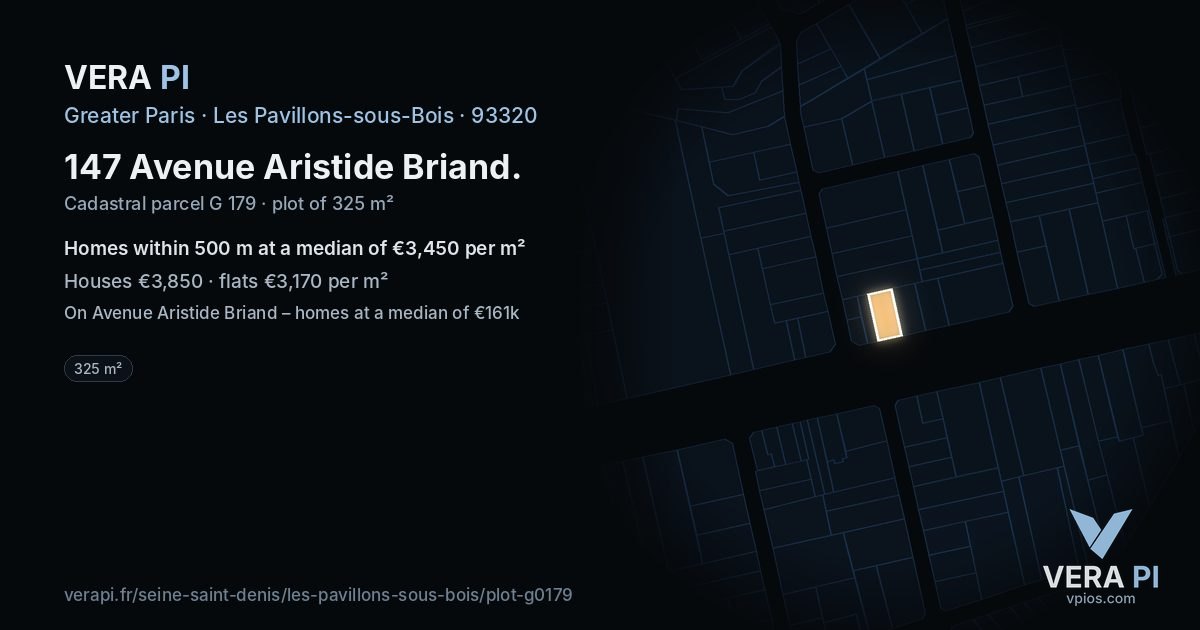 147 Avenue Aristide Briand, Les Pavillons-sous-Bois at night – the plot lit, the parcels around coloured by the prices near them