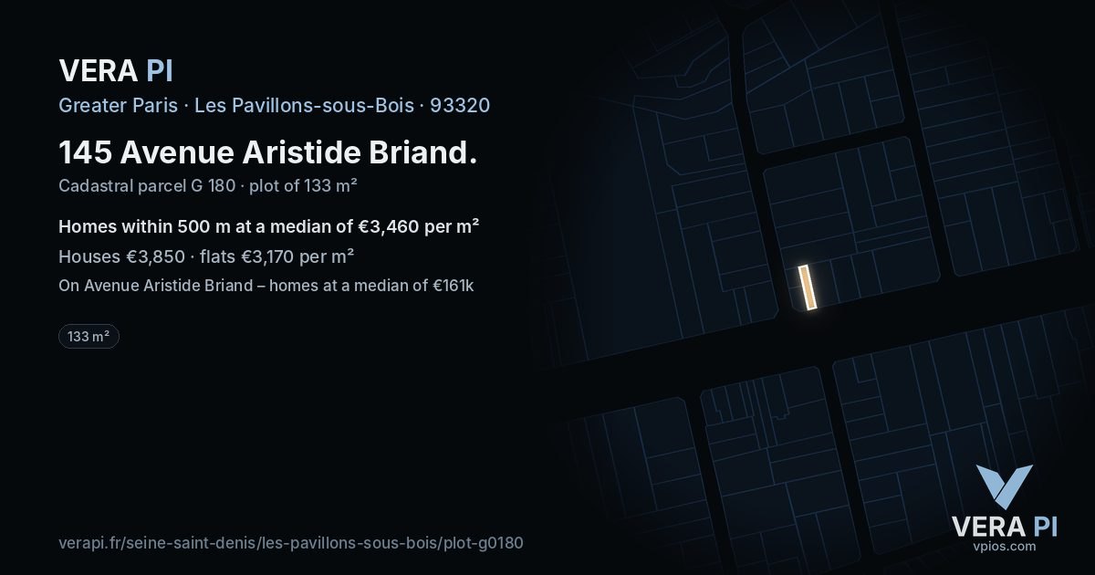 145 Avenue Aristide Briand, Les Pavillons-sous-Bois at night – the plot lit, the parcels around coloured by the prices near them