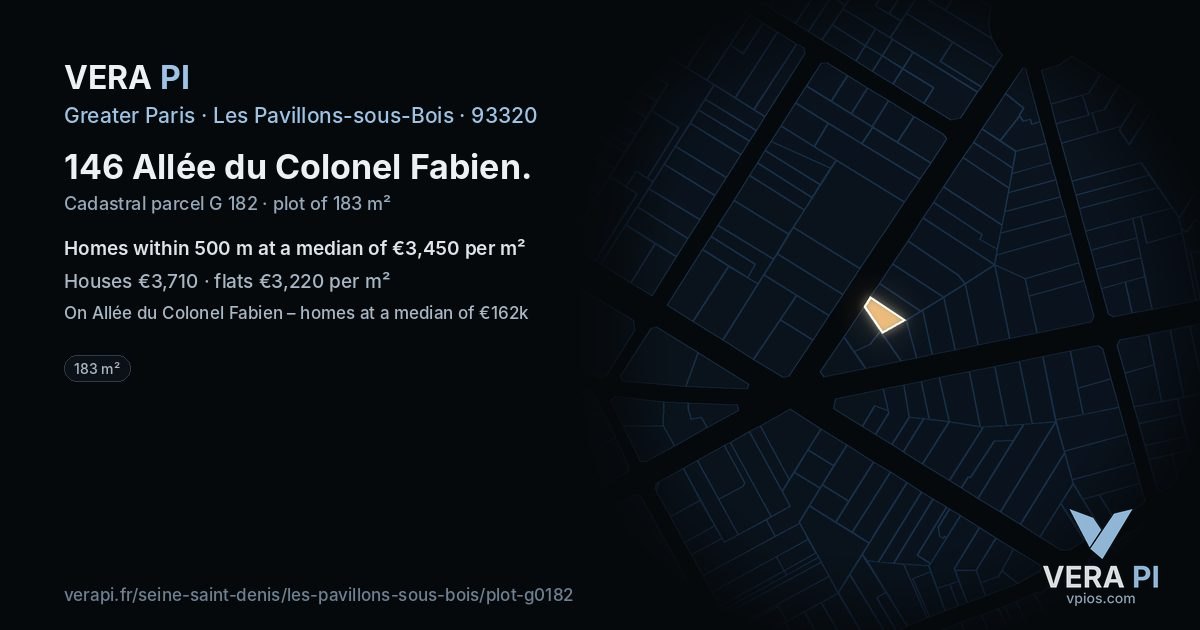 146 Allée du Colonel Fabien, Les Pavillons-sous-Bois at night – the plot lit, the parcels around coloured by the prices near them