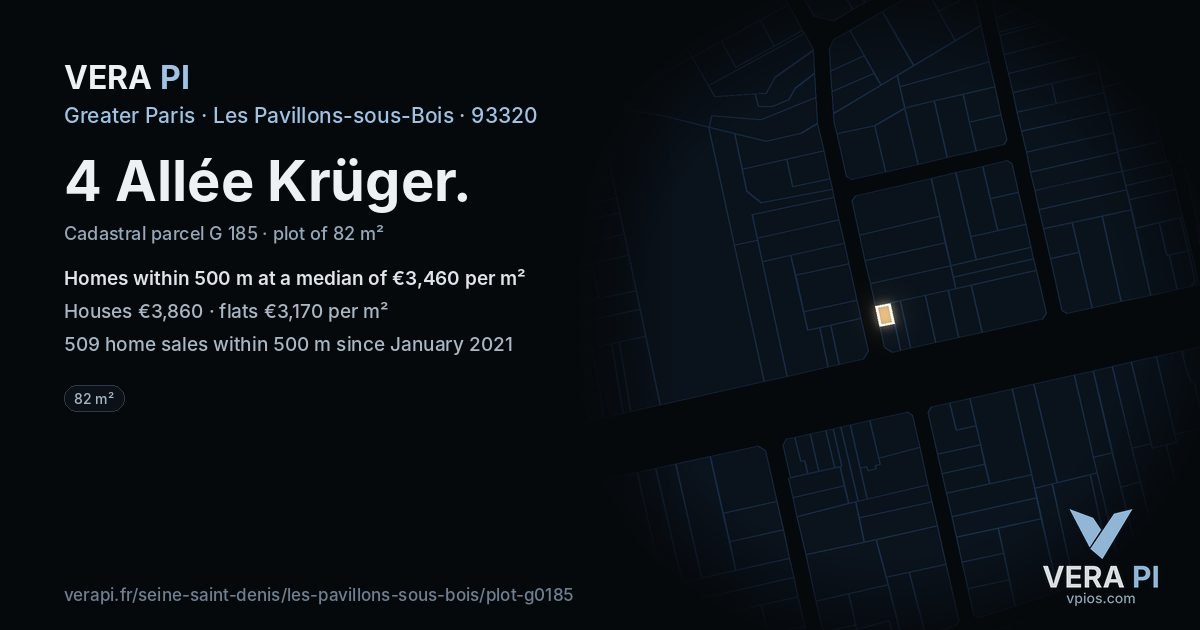 4 Allée Krüger, Les Pavillons-sous-Bois at night – the plot lit, the parcels around coloured by the prices near them