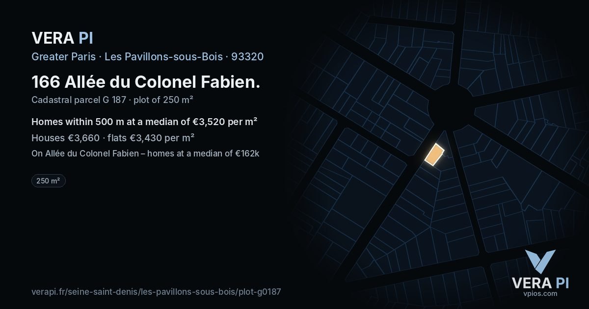 166 Allée du Colonel Fabien, Les Pavillons-sous-Bois at night – the plot lit, the parcels around coloured by the prices near them