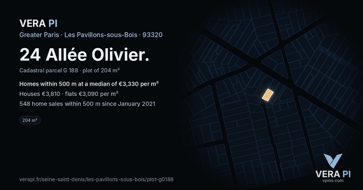 24 Allée Olivier, Les Pavillons-sous-Bois at night – the plot lit, the parcels around coloured by the prices near them