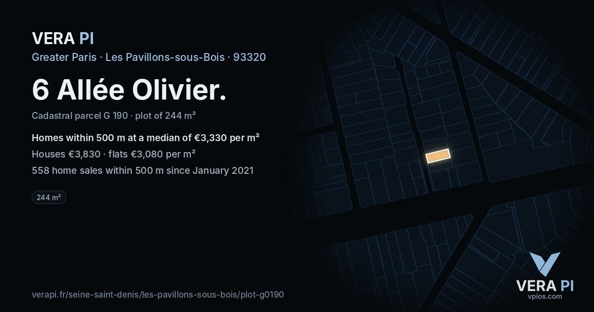 6 Allée Olivier, Les Pavillons-sous-Bois at night – the plot lit, the parcels around coloured by the prices near them