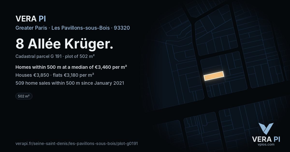 8 Allée Krüger, Les Pavillons-sous-Bois at night – the plot lit, the parcels around coloured by the prices near them