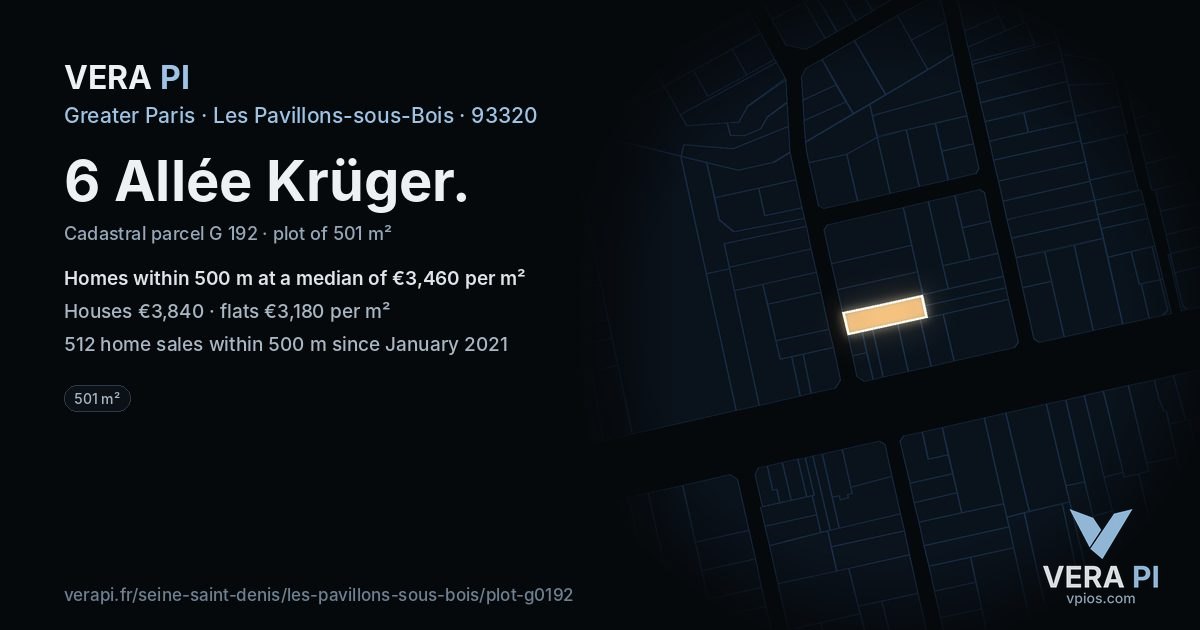 6 Allée Krüger, Les Pavillons-sous-Bois at night – the plot lit, the parcels around coloured by the prices near them