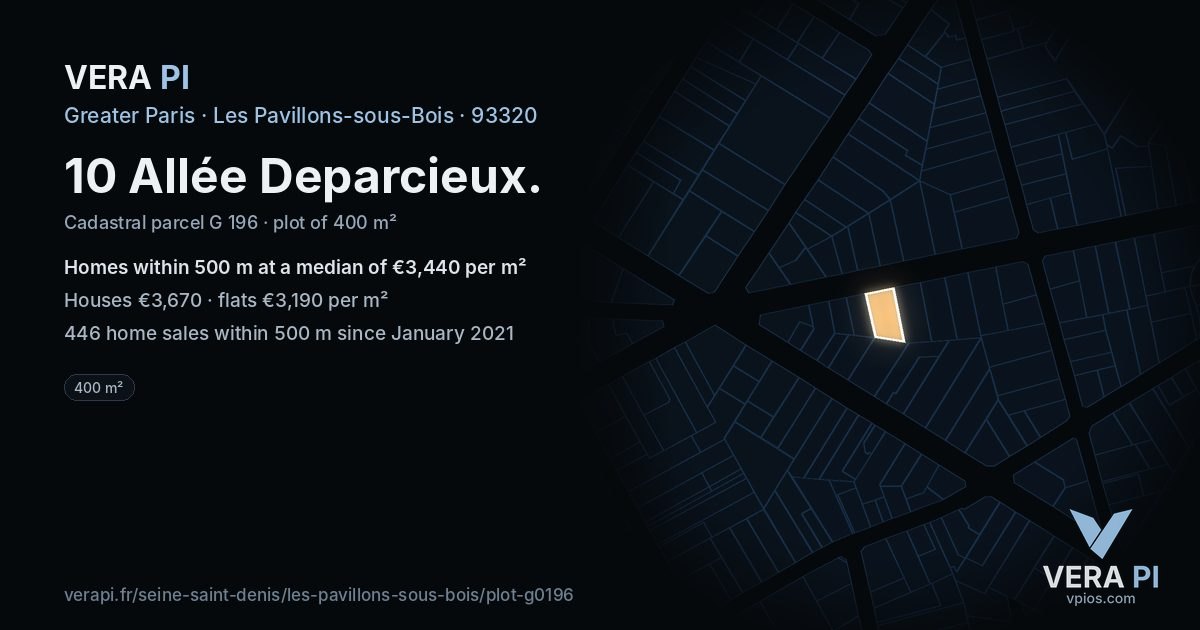 10 Allée Deparcieux, Les Pavillons-sous-Bois at night – the plot lit, the parcels around coloured by the prices near them