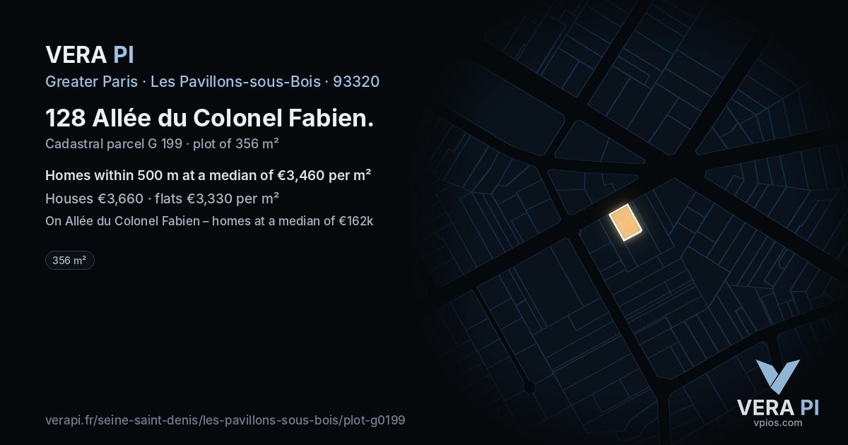 128 Allée du Colonel Fabien, Les Pavillons-sous-Bois at night – the plot lit, the parcels around coloured by the prices near them