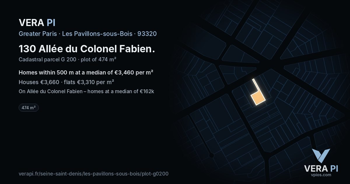 130 Allée du Colonel Fabien, Les Pavillons-sous-Bois at night – the plot lit, the parcels around coloured by the prices near them