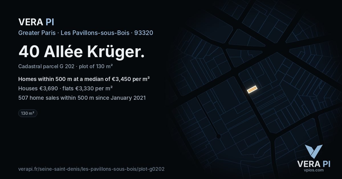 40 Allée Krüger, Les Pavillons-sous-Bois at night – the plot lit, the parcels around coloured by the prices near them