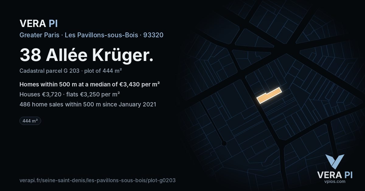 38 Allée Krüger, Les Pavillons-sous-Bois at night – the plot lit, the parcels around coloured by the prices near them
