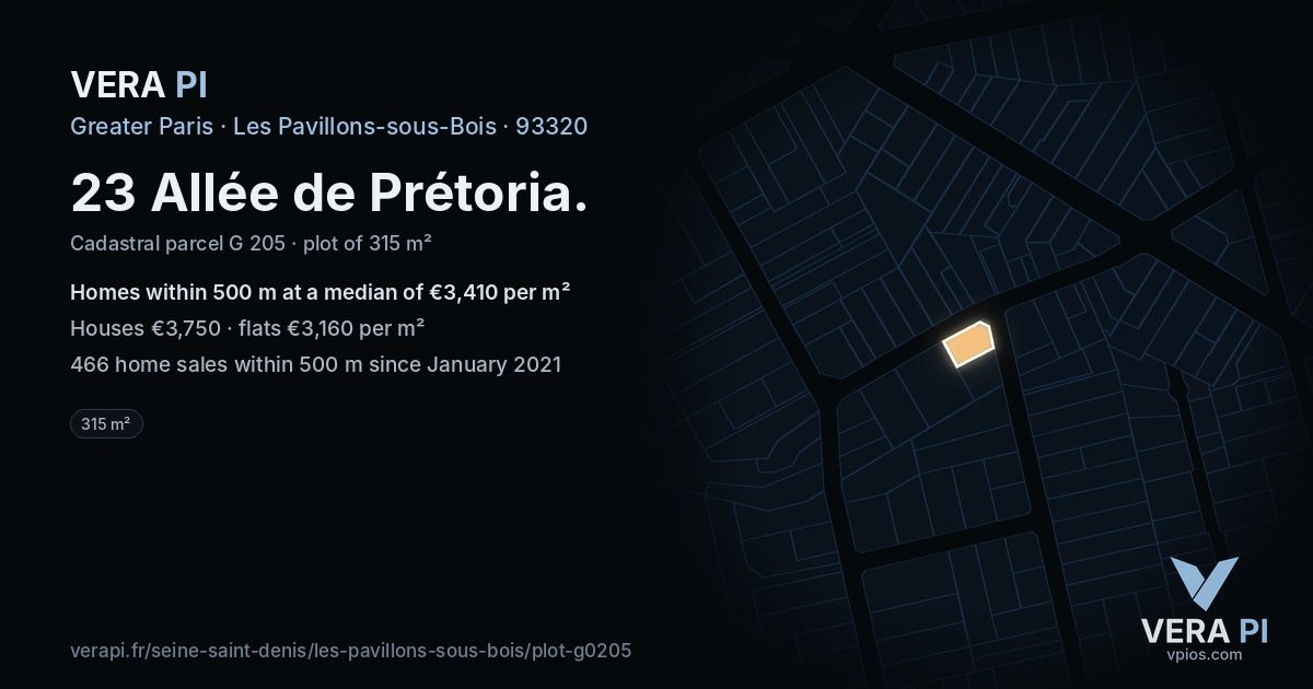 23 Allée de Prétoria, Les Pavillons-sous-Bois at night – the plot lit, the parcels around coloured by the prices near them