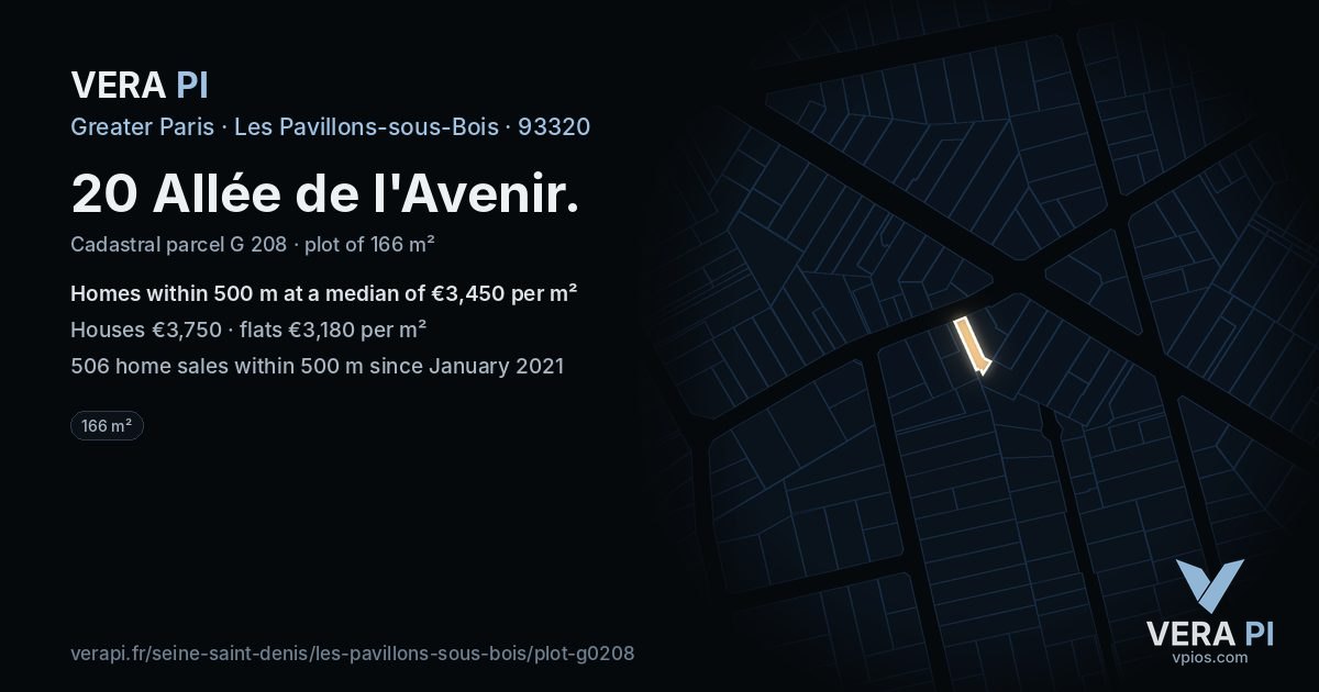 20 Allée de l'Avenir, Les Pavillons-sous-Bois at night – the plot lit, the parcels around coloured by the prices near them