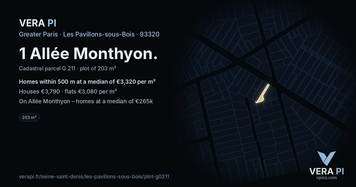 1 Allée Monthyon, Les Pavillons-sous-Bois at night – the plot lit, the parcels around coloured by the prices near them