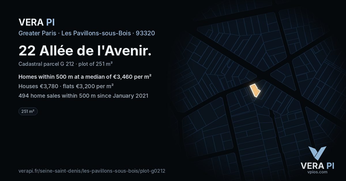 22 Allée de l'Avenir, Les Pavillons-sous-Bois at night – the plot lit, the parcels around coloured by the prices near them