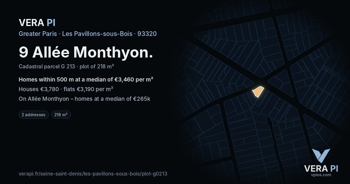 9 Allée Monthyon, Les Pavillons-sous-Bois at night – the plot lit, the parcels around coloured by the prices near them