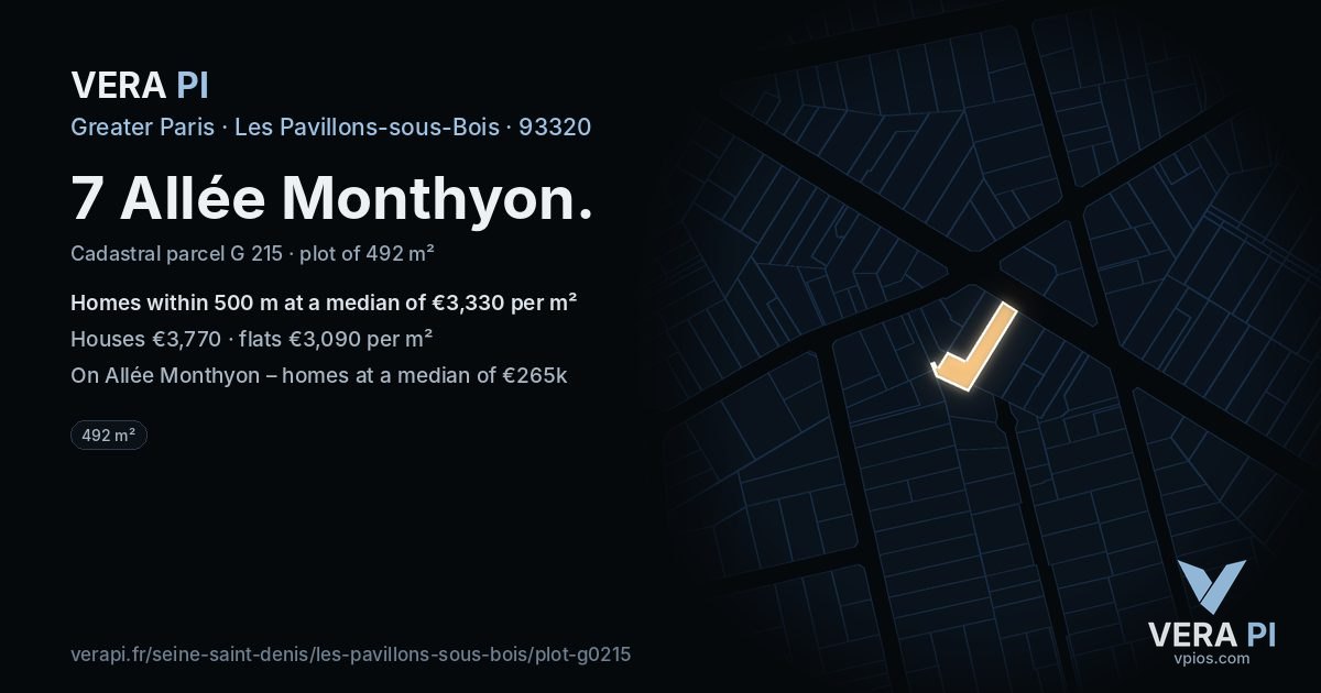 7 Allée Monthyon, Les Pavillons-sous-Bois at night – the plot lit, the parcels around coloured by the prices near them